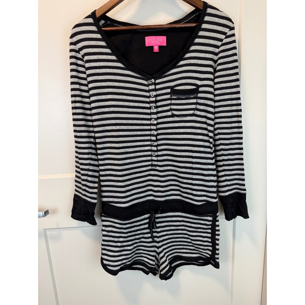 Victoria's‎ Secret Black Gray Sparkly Metallic Stripe Pajama Romper Size S